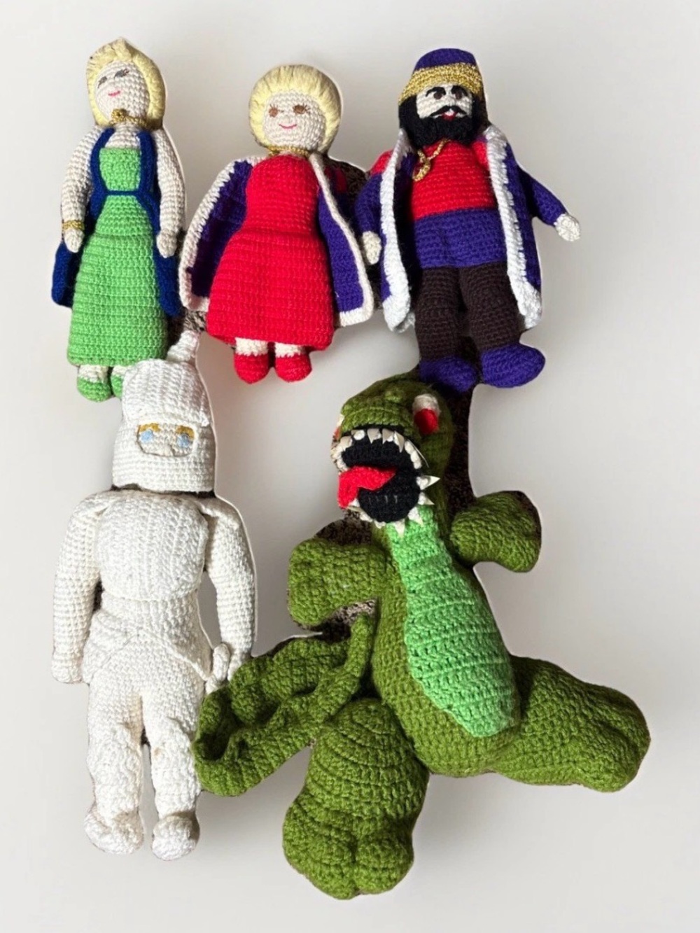 5 VTG Crocheted Queen Knight Dragon Princess Medieval Fairy Tale Crochet Regal